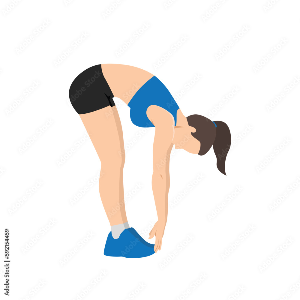 Woman doing Ragdoll. Forward bend. Fold stretch exercise. Stock