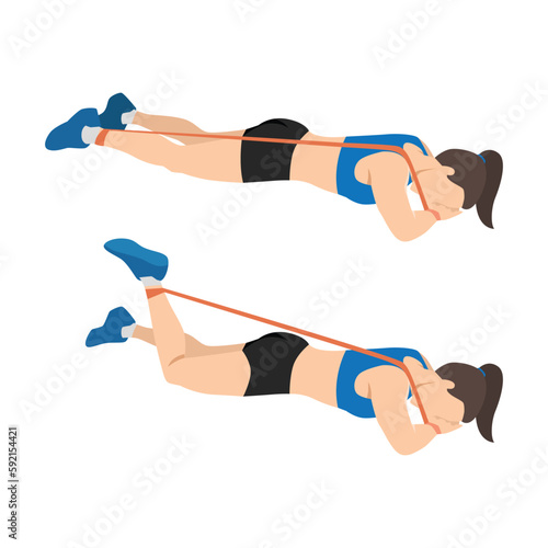 Woman doing prone or lying resistance band knee bends exercise.