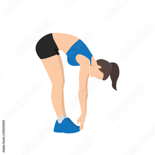 Woman doing Ragdoll. Forward bend. Fold stretch exercise.