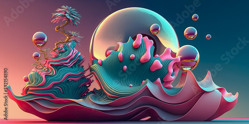 Pale background image wallpaper with Abstract objects pink  green liquefied 3d. Generative AI