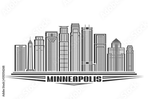 Vector illustration of Minneapolis, horizontal sign with linear design minneapolis city scape, american urban line art concept with decorative letters for black text minneapolis on white background