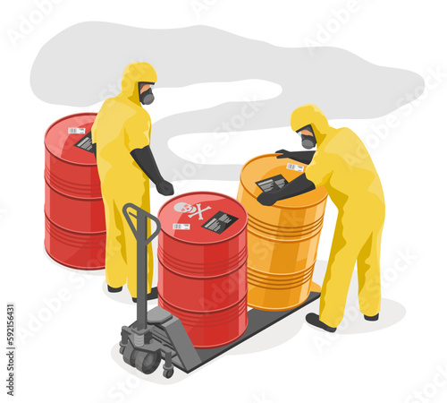 Toxic waste Hazardous Waste Disposal workers in Yellow Hazard Suit using Handlift to move chemical tank in industry zone illustration isometric isolated cartoon vector