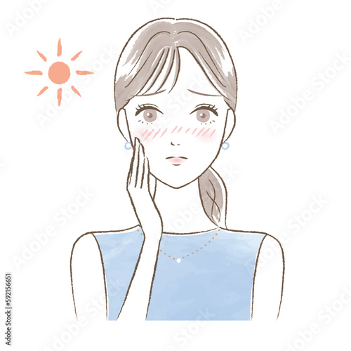 日焼けに悩む女性のイラスト/水彩風