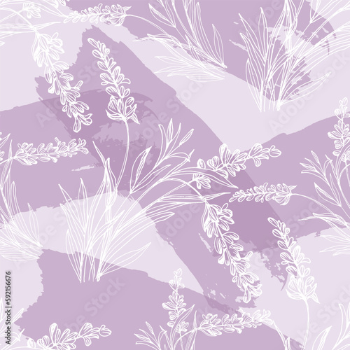 avender flowers illustration with lavender and seamless pattern background. Seamless pattern for fabric, paper and other printing and web projects. photo