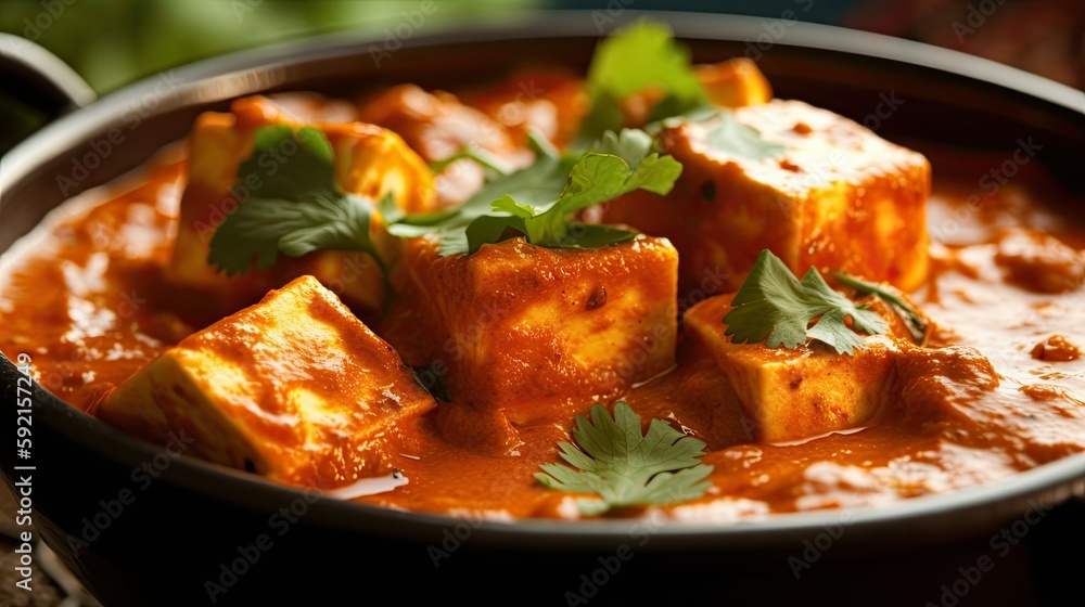 Closeup of Paneer tikka masala, Indian authentic spicy curry, Generative AI Closeup of Paneer tikka masala, Indian authentic spicy curry, Generative AI