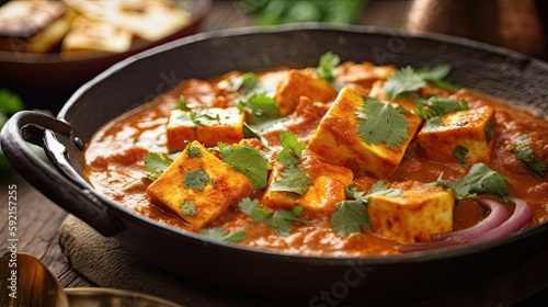 Spicy paneer tikka masala in a pan, Indian authentic curry dish, Generative AI