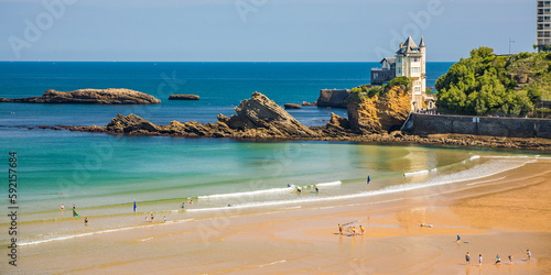 Panoramic view of the Cote des Basques beach in Biarritz, France on a summer day