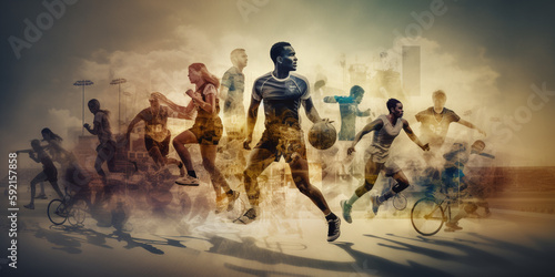 Multiple exposure concept of sport and active lifestyle. Generative AI © xartproduction