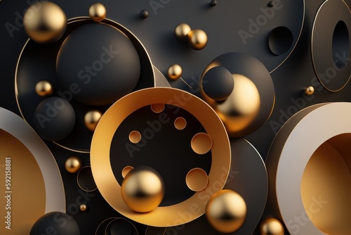 Golden and black circles and sphere geometric wallpaper pattern, Generative AI