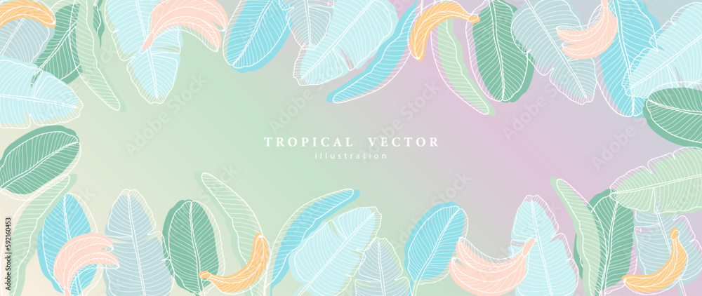 Vector summer tropical gradient background with palm leaves, banana leaves and banana fruits. Background for text, photos, designs and presentations