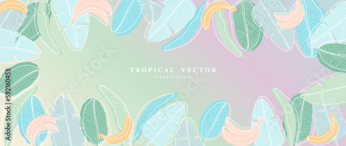 Vector summer tropical gradient background with palm leaves, banana leaves and banana fruits. Background for text, photos, designs and presentations