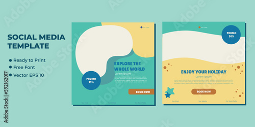 Holiday travel, traveling or summer beach travelling social media post or web banner template design. Tourism business marketing flyer or poster with abstract digital background, logo and icon.