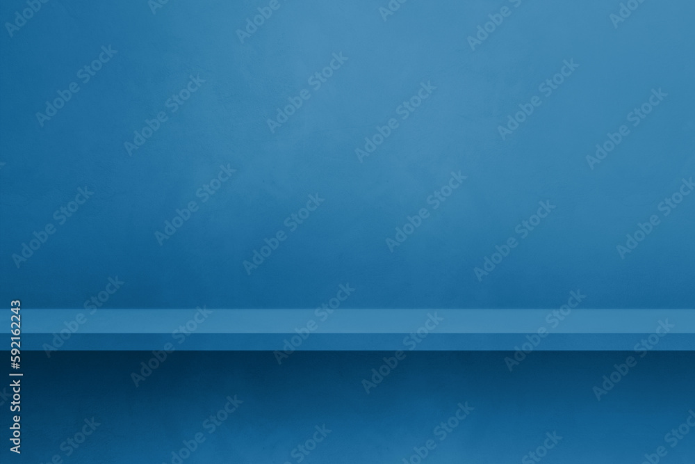 Empty shelf on a blue concrete wall. Background template. Horizontal mockup
