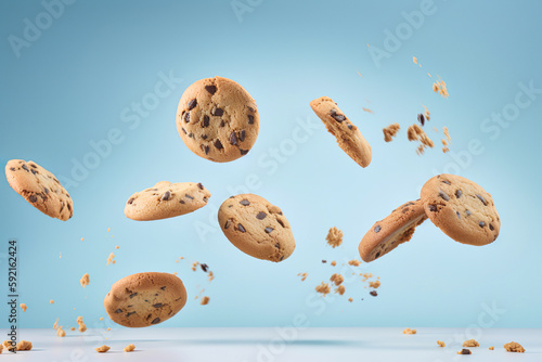 Tasty snacks, junk food like guilty pleasures, sweet delicious chocolate chip cookies. Cookie explosion. Pastel blue background. Illustration, Generative AI. photo