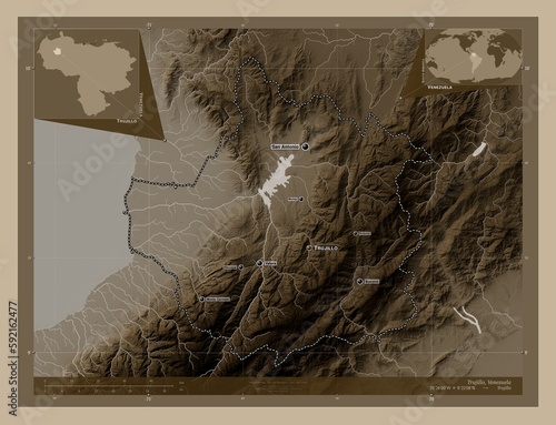 Trujillo, Venezuela. Sepia. Labelled points of cities photo