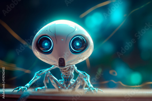 Cute little newborn alien with big eyes and a tiny body in a spaceship. Generative AI