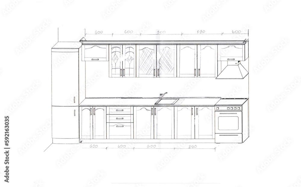Sketch, drawing of furniture for the kitchen with dimensions