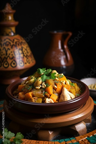 Tajine marocain, poulet légumes et coriandre, dans un plat en terre, recette traditionnelle, illustration culinaire, ia générative photo