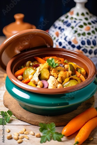 Tajine marocain, poulet légumes et coriandre, dans un plat en terre, recette traditionnelle, illustration culinaire, ia générative photo