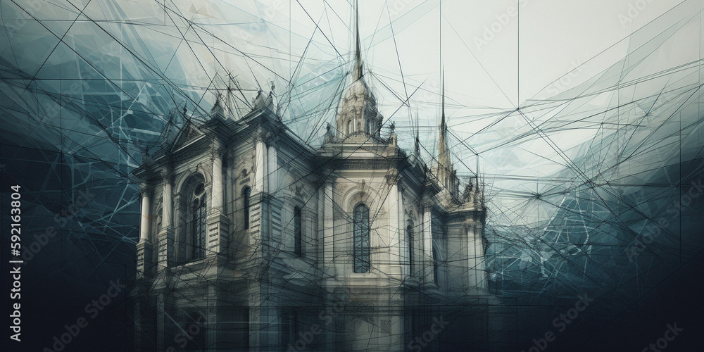 multiple exposure gothic architecture with graphic lines. Generative AI.  