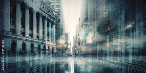 Multiple exposure of street and bank. Generative AI