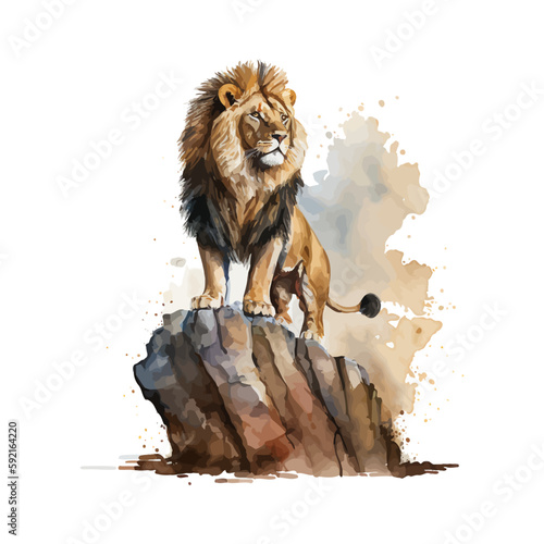 Watercolor a lion was standing on a rock