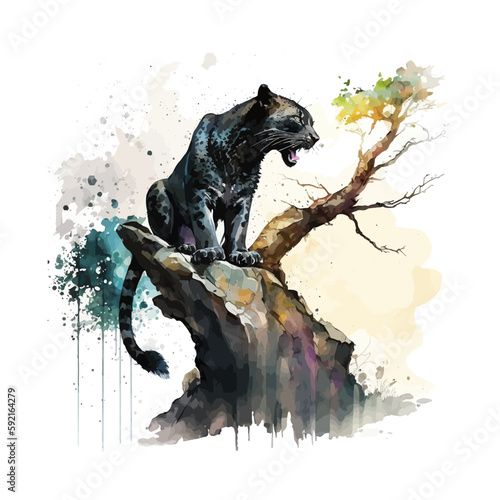 Watercolor a black panther was standing on a branch