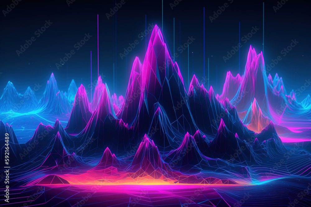 Virtual world, 3d rendering, abstract virtual reality violet background, cyber space landscape with unreal mountains. Neon wireframe terrain, AI generated Virtual world, 3d rendering, abstract virtual reality violet background, cyber space landscape with unreal mountains. Neon wireframe terrain, AI generated