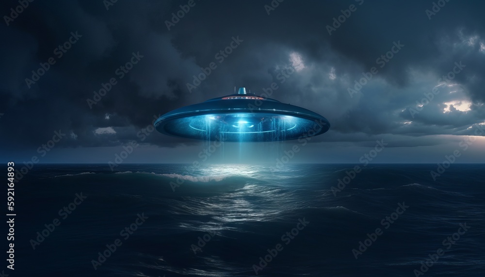 image of an illuminated UFO spaceship hovering over a stormy ocean. Generative ai image of an illuminated UFO spaceship hovering over a stormy ocean. Generative ai