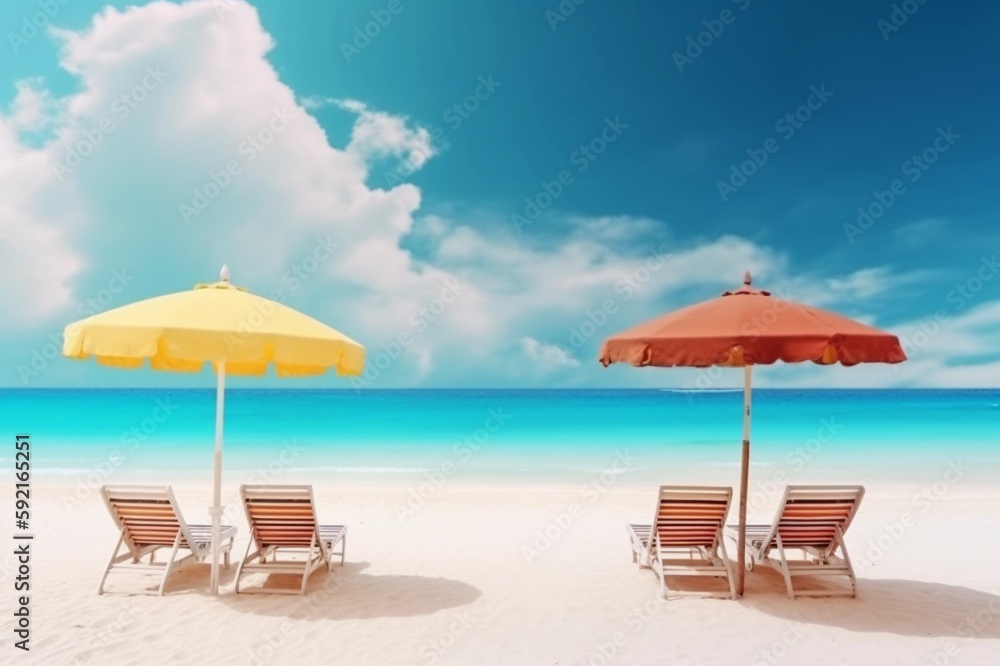 Beautiful beach banner. White sand, chairs and umbrella