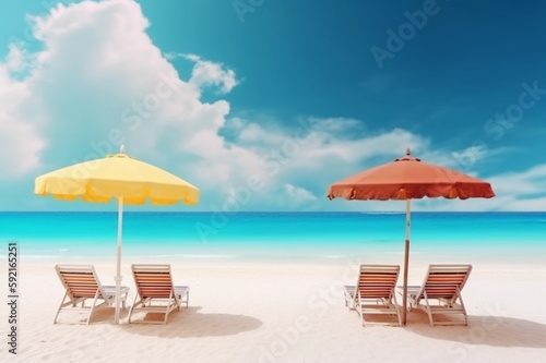Beautiful beach banner. White sand  chairs and umbrella