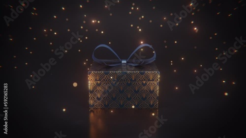 Fly in an opening luxury 3D gift box with gold pattern