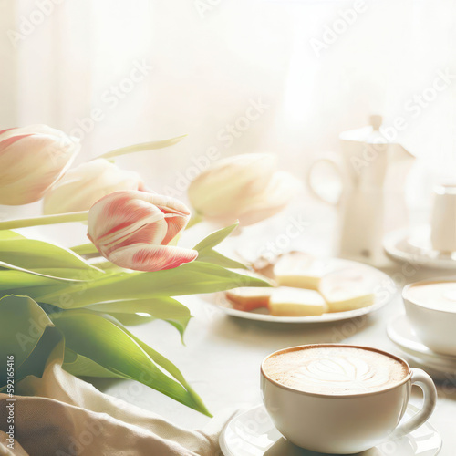 Coffee in a cup and tulips on the table, light and airy, generative ai