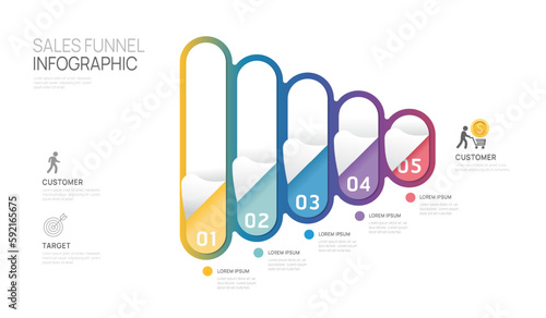 Infographic Sales funnel diagram template for business. Modern  Timeline 5 step level, digital marketing data, presentation vector infographics.