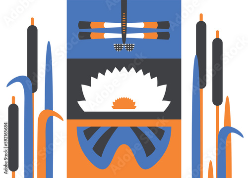 Stylized dragonfly, reeds and lily in the form of simple geometric shapes. The concept of a banner, postcard, poster for printing in a bright futuristic style. Summer outdoor recreation.