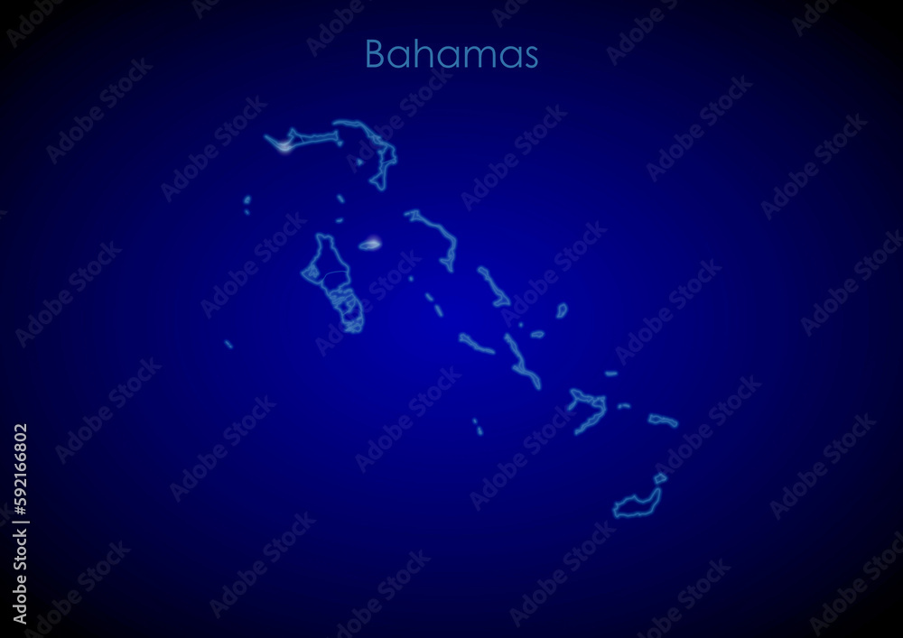 Bahamas concept map with glowing cities and network covering the country, map of Bahamas suitable for technology or innovation or internet concepts.