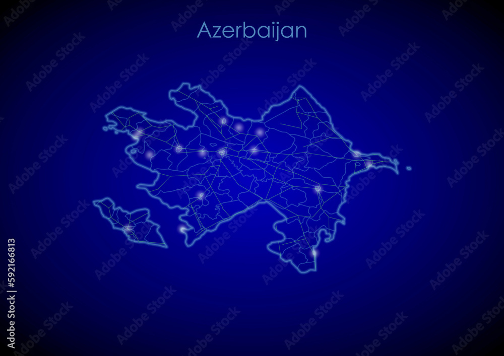 Azerbaijan concept map with glowing cities and network covering the country, map of Azerbaijan suitable for technology or innovation or internet concepts.
