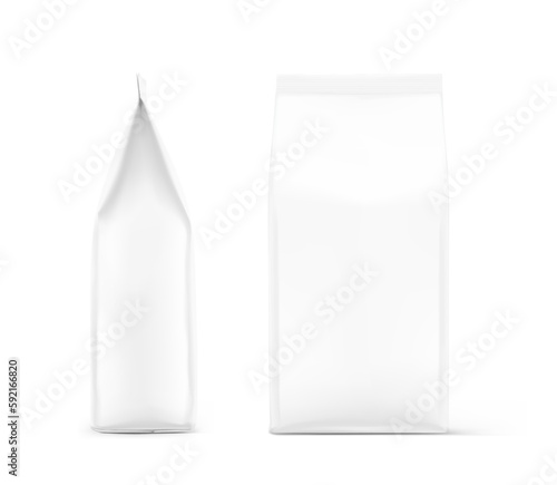 Hyper realistic gusseted packaging bag mockup. Front and side view. Vector illustration isolated on white background. Ready for use in presentation, promo, advertising on any backgrounds. EPS10.	
