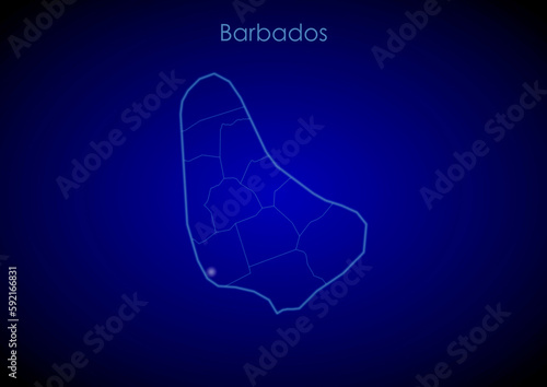 Barbados concept map with glowing cities and network covering the country, map of Barbados suitable for technology or innovation or internet concepts. © mapsandphotos