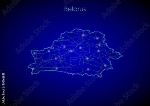 Belarus concept map with glowing cities and network covering the country  map of Belarus suitable for technology or innovation or internet concepts.