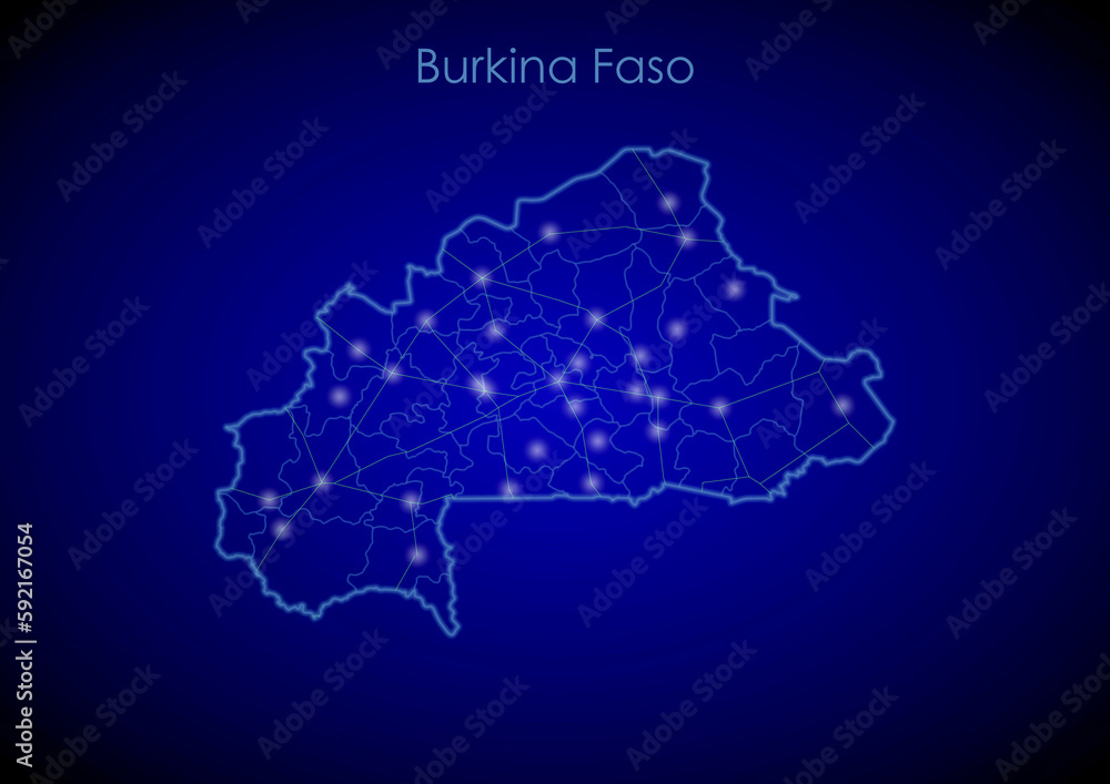 Burkina Faso concept map with glowing cities and network covering the country, map of Burkina Faso suitable for technology or innovation or internet concepts.