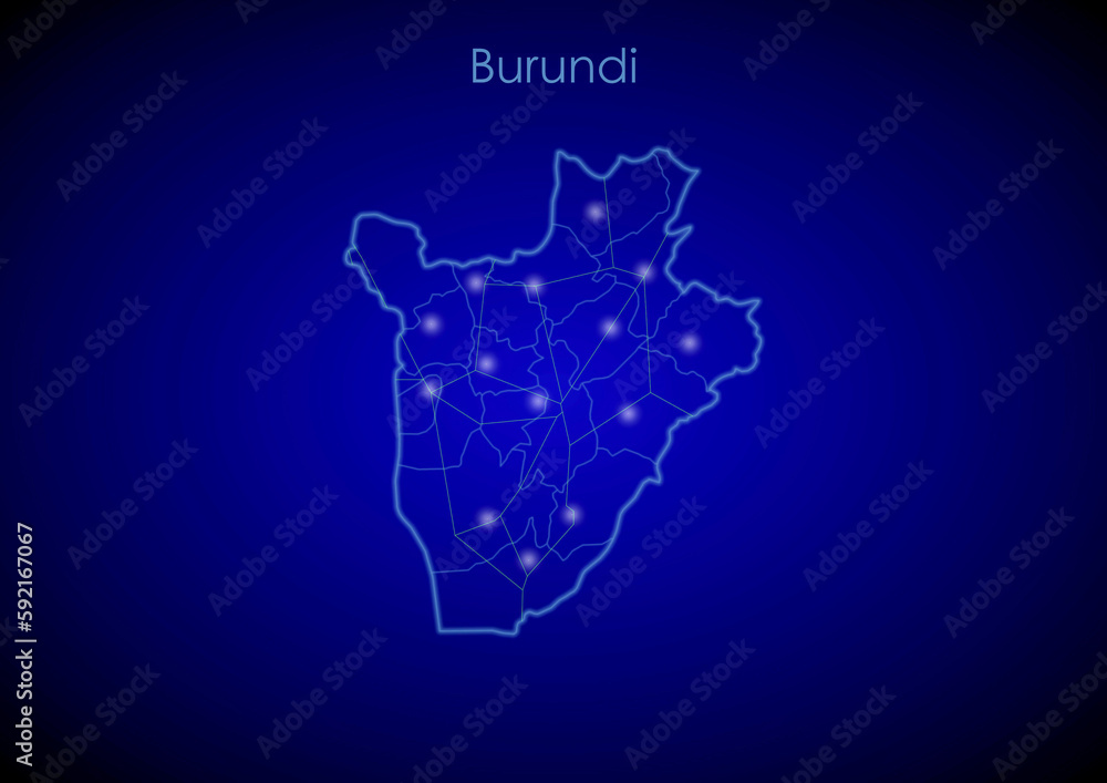 Burundi concept map with glowing cities and network covering the country, map of Burundi suitable for technology or innovation or internet concepts.