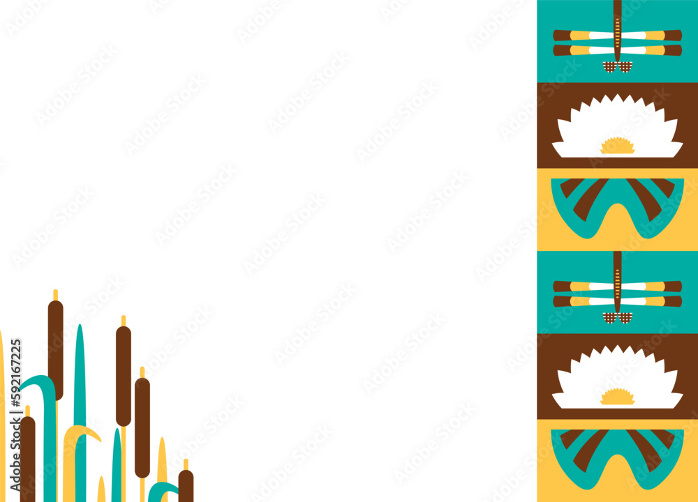 Menu or price list template for design and printing in a bright futuristic style. Stylized dragonfly, reeds and lily in the form of simple geometric shapes. Set of elements. Menu or price list template for design and printing in a bright futuristic style. Stylized dragonfly, reeds and lily in the form of simple geometric shapes. Set of elements.