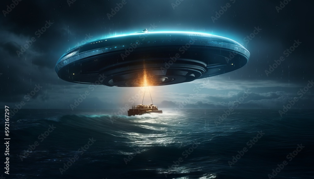 image of an illuminated UFO spaceship hovering over a stormy ocean. Generative ai image of an illuminated UFO spaceship hovering over a stormy ocean. Generative ai