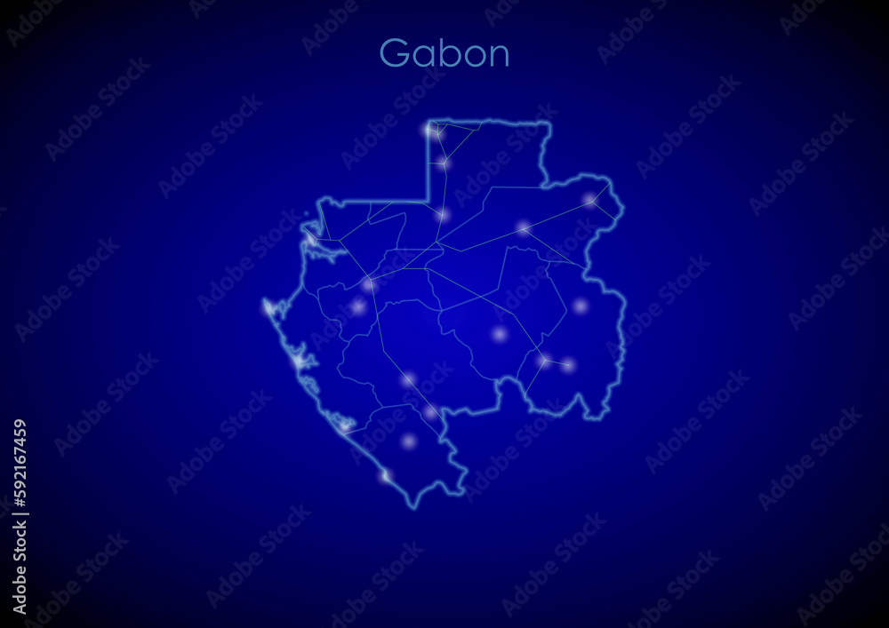 Gabon concept map with glowing cities and network covering the country, map of Gabon suitable for technology or innovation or internet concepts.
