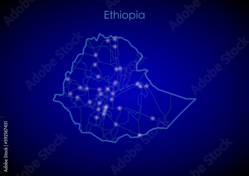 Ethiopia concept map with glowing cities and network covering the country  map of Ethiopia suitable for technology or innovation or internet concepts.