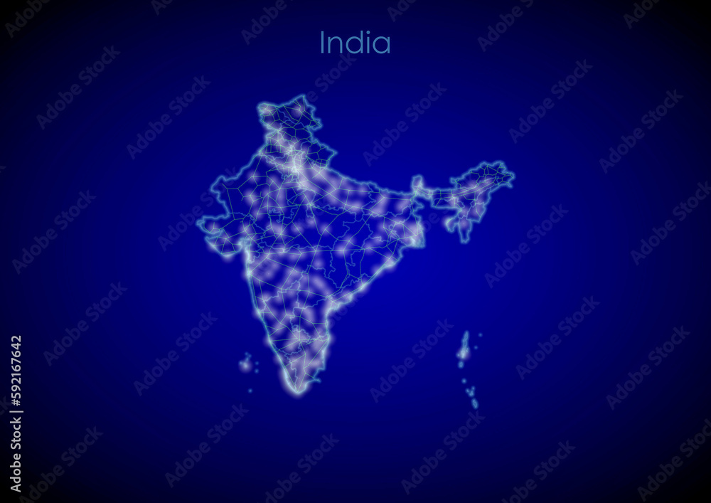 India concept map with glowing cities and network covering the country, map of India suitable for technology or innovation or internet concepts.