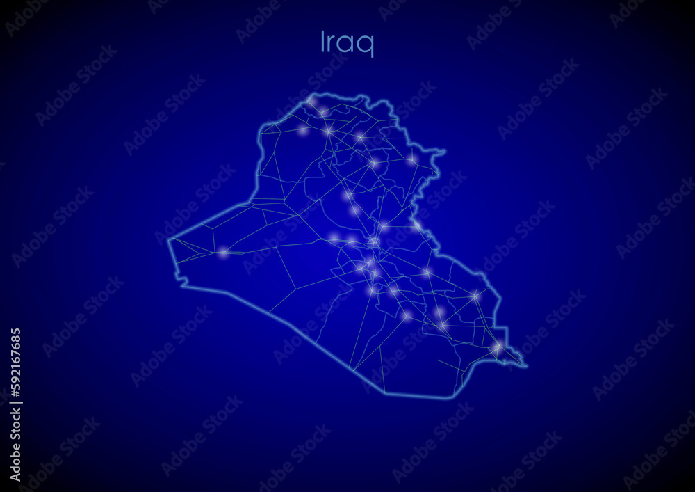 Fototapeta Iraq concept map with glowing cities and network covering the country, map of Iraq suitable for technology or innovation or internet concepts.