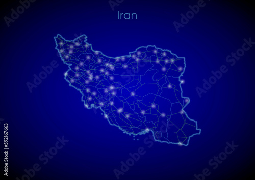 Iran concept map with glowing cities and network covering the country  map of Iran suitable for technology or innovation or internet concepts.