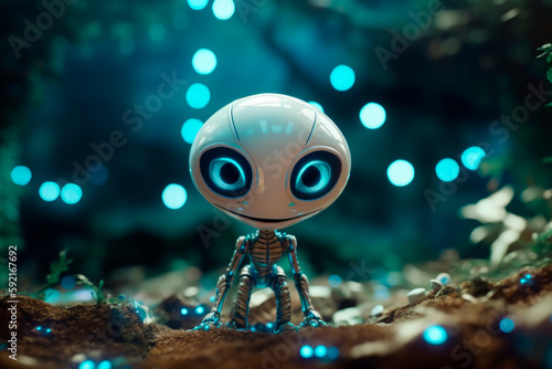 Cute little alien with big eyes and a tiny body in the jungle. Generative AI